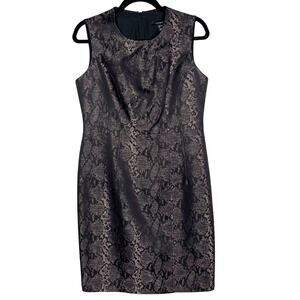 Louben Size 6 Black Metallic Copper Snakeprint Python Jacquard Sheath Dress Wool